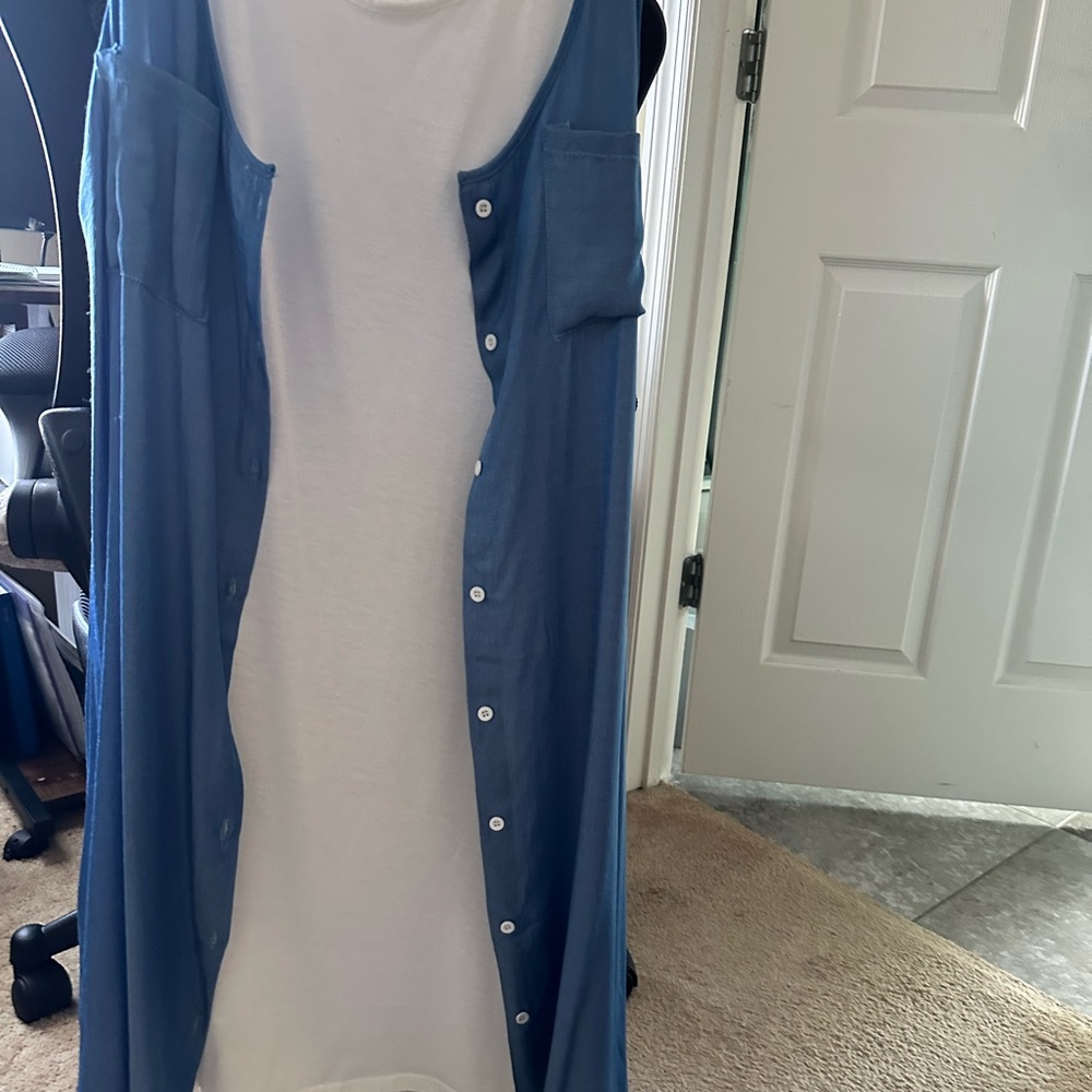 Blue and White Sleeveless Mini Dress